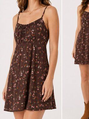 Wild Fable Brown Floral Print Cami Mini Dress Ruched Bust Medium NWOT